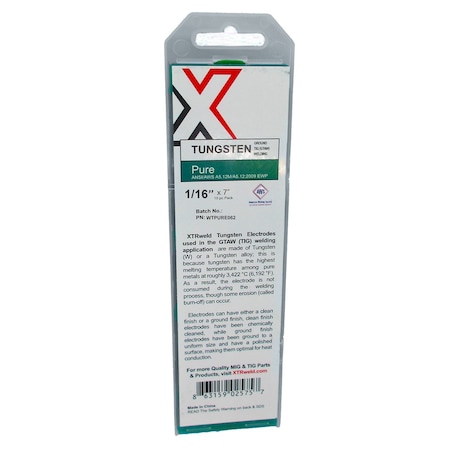 Xtrweld Pure Tungsten Electrode, 1/16, Green, 7 In L, 10PK WTPURE062